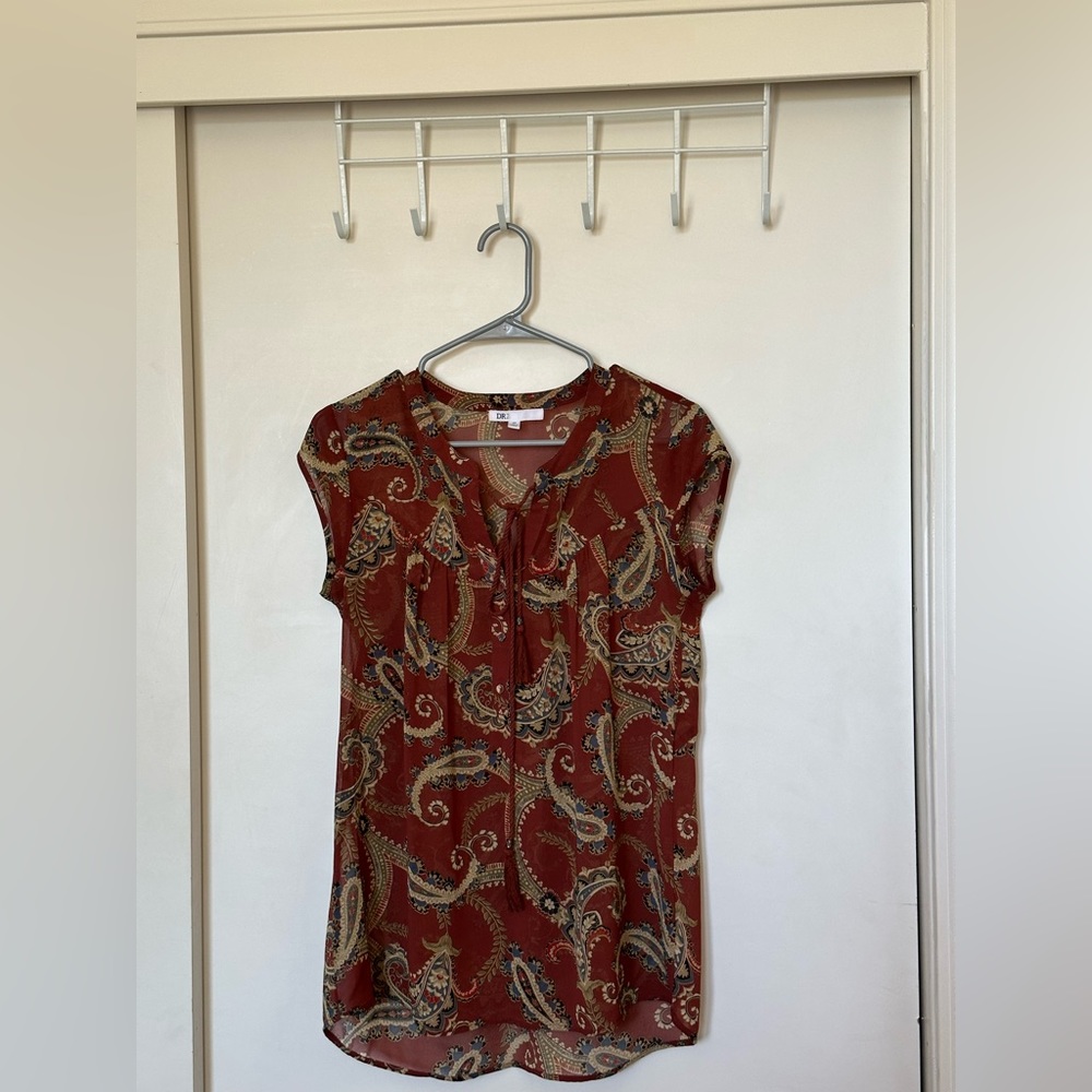 Dr2 Rust Orange Semi Sheer Paisley Blouse Size XS